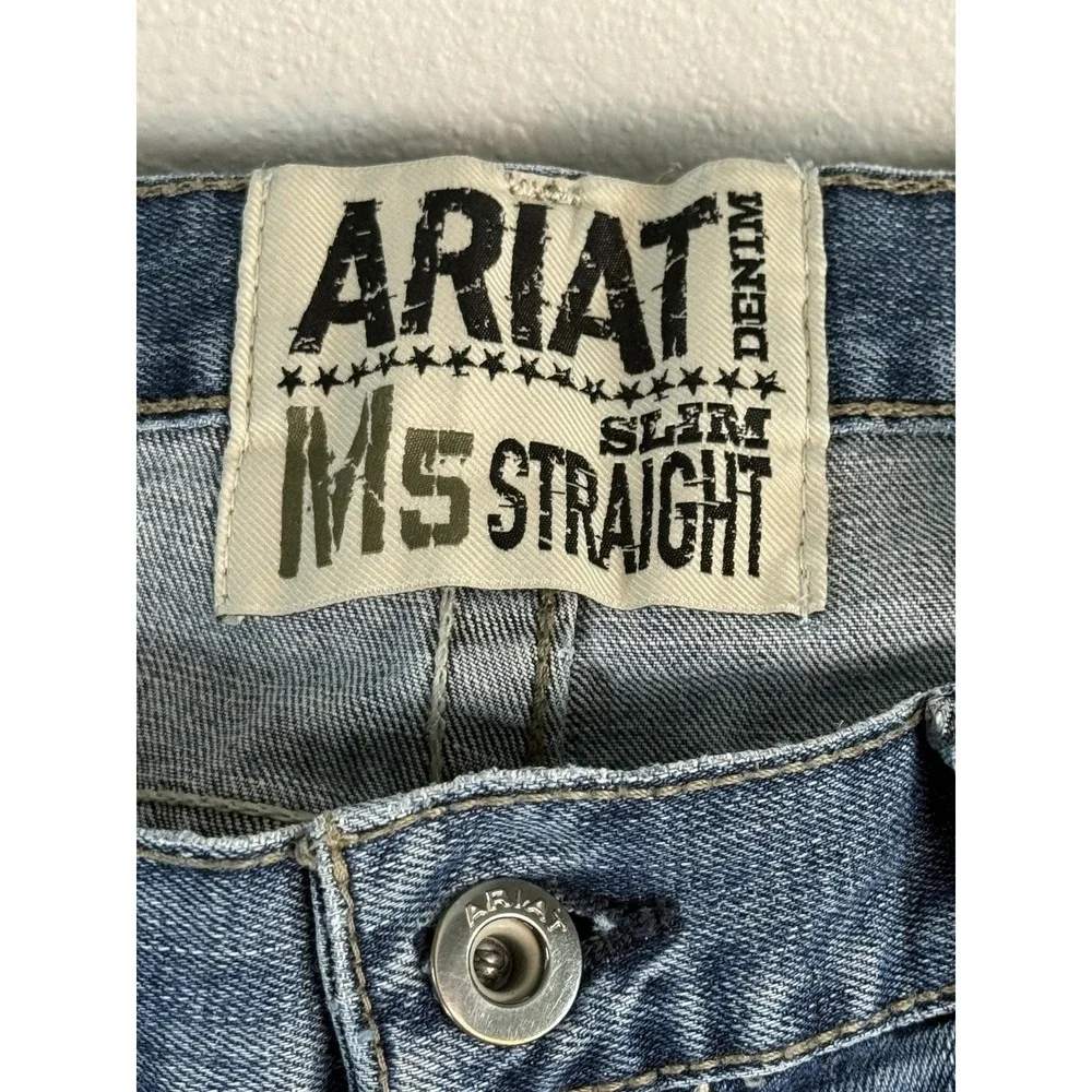 Ariat M5 Slim Straight Jeans Mens 38x36 Med Wash Blue Straight Distressed Denim